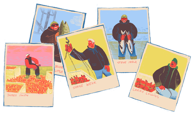 An illustration of five of the fishermen interviewed for this story. Each one appears in a Polaroid-style frame. 